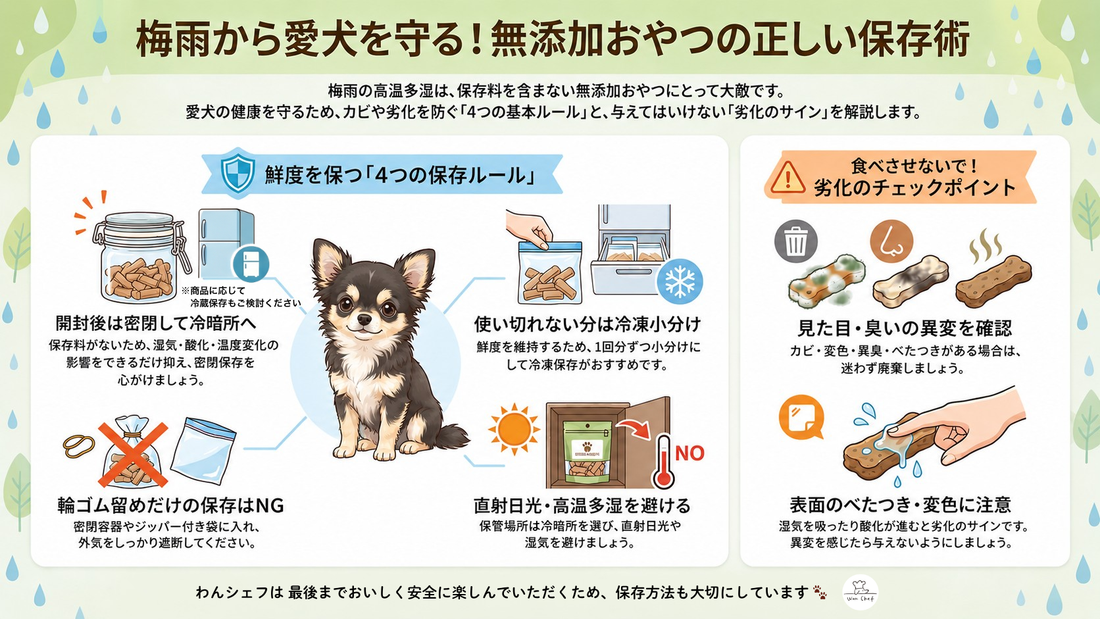 梅雨に気をつけたい犬のおやつ保存方法｜カビ・劣化を防ぐ正しい管理術
