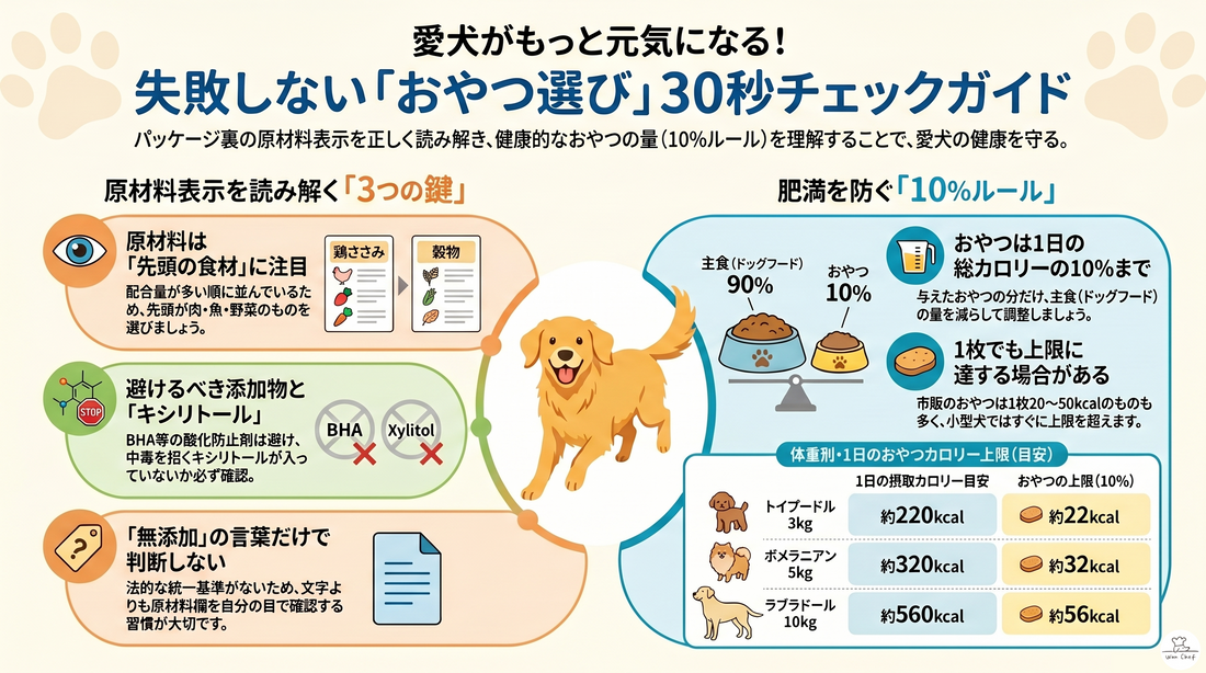 犬のおやつは成分表示で選ぶ｜初めてでもわかる原材料の読み方と1日の量の目安